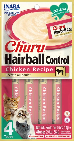 Inaba Churu Hairball Control Chicken Recipe Creamy Puree Grain-Free Lickable Cat Treats, 0.5-oz tube, 24 count slide 1 of 4