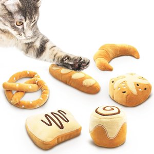 SunGrow Interactive Bread Plush Indoor Fetch & Play Cat Dental Chew Toy with Catnip, 6 count
