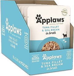 Applaws Natural Tuna Fillet with Sea Bream in Broth Wet Cat Food, 2.47-oz pouch, case of 12