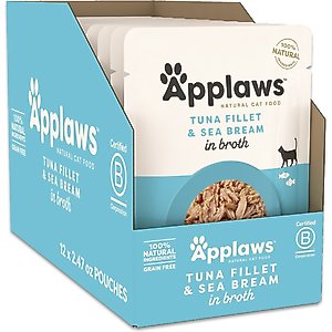 Applaws Natural Tuna Fillet with Sea Bream in Broth Wet Cat Food, 2.47-oz pouch, case of 12