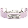 Mimi Green Waterproof Leather Martingale Dog Collar with Engraved Riveted Nameplate. Pastel Purple, Medium