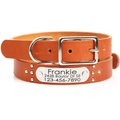 Mimi Green Studded Leather Dog Collar with Personalized Riveted Nameplate, Tan, X-Small