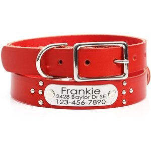 Mimi Green Studded Leather Dog Collar with Personalized Riveted Nameplate, Red, X-Large