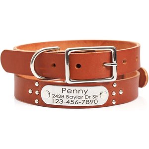 Mimi Green Studded Leather Dog Collar with Personalized Riveted Nameplate, Chestnut, Small