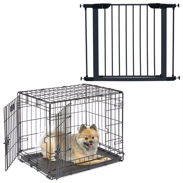 MidWest iCrate Fold & Carry Double Door Collapsible Dog Crate, 24 inch + Steel Pet Gate, Graphite, 29-in slide 1 of 9