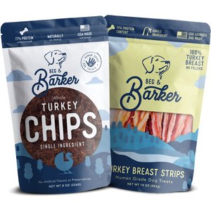 Beg & Barker Whole Turkey Jerky Strip & Chips Natural Single Ingredient Dog Treats, 10-oz & 8-oz, case of 2
