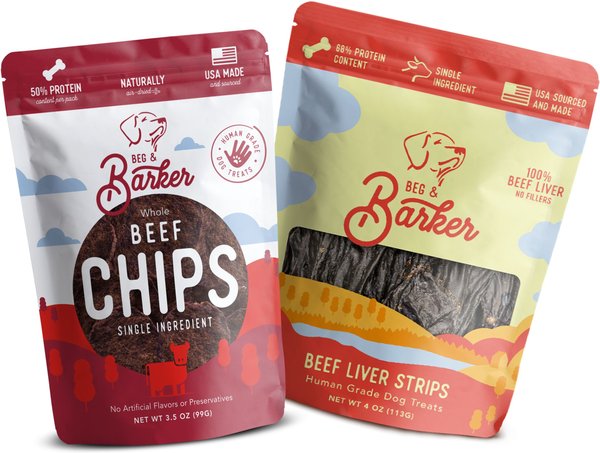 Beg & Barker Whole Liver Jerky Strip & Beef Chips Natural Single Ingredient Dog Treats, 4-oz & 3.5-oz, case of 2