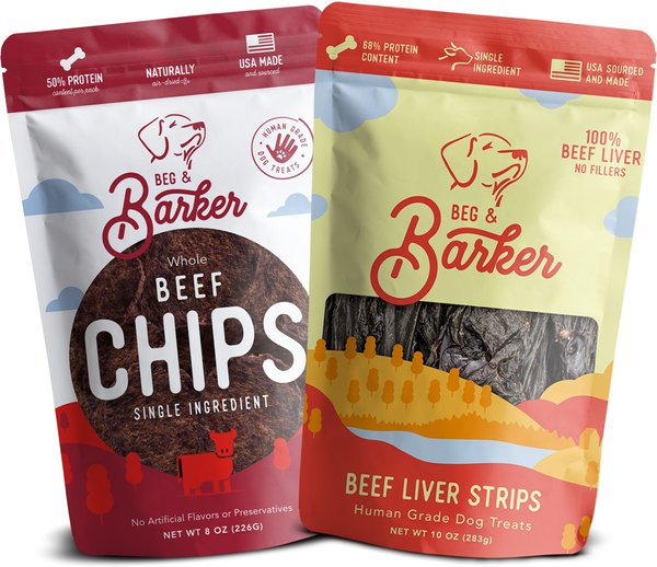 Beg & Barker Whole Liver Jerky Strip & Beef Chips Natural Single Ingredient Dog Treats, 10-oz & 8-oz, case of 2 slide 1 of 10
