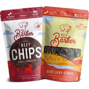 Beg & Barker Whole Liver Jerky Strip & Beef Chips Natural Single Ingredient Dog Treats, 10-oz & 8-oz, case of 2