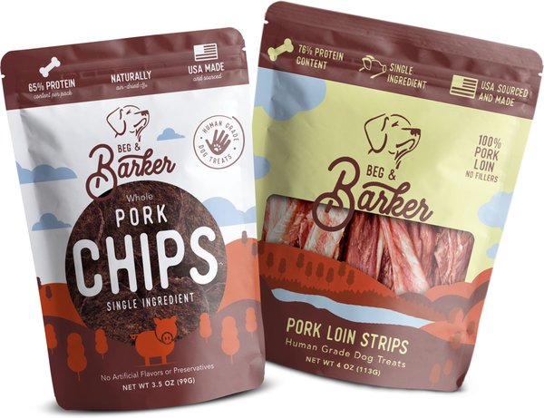 Beg & Barker Whole Pork Jerky Strip & Chips Natural Single Ingredient Dog Treats, 4-oz & 3.5-oz, case of 2