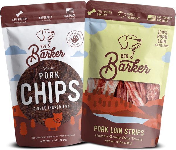 Beg & Barker Whole Pork Jerky Strip & Chips Natural Single Ingredient Dog Treats, 10-oz & 8-oz, case of 2