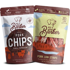 Beg & Barker Whole Pork Jerky Strip & Chips Natural Single Ingredient Dog Treats, 10-oz & 8-oz, case of 2