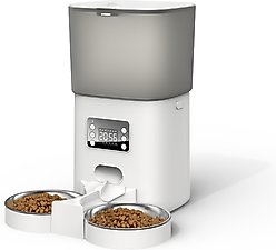 Bueteka Automatic Food Dispenser with Splitter & Stainless Bowls Cat & Dog Feeder, 6-lit, White