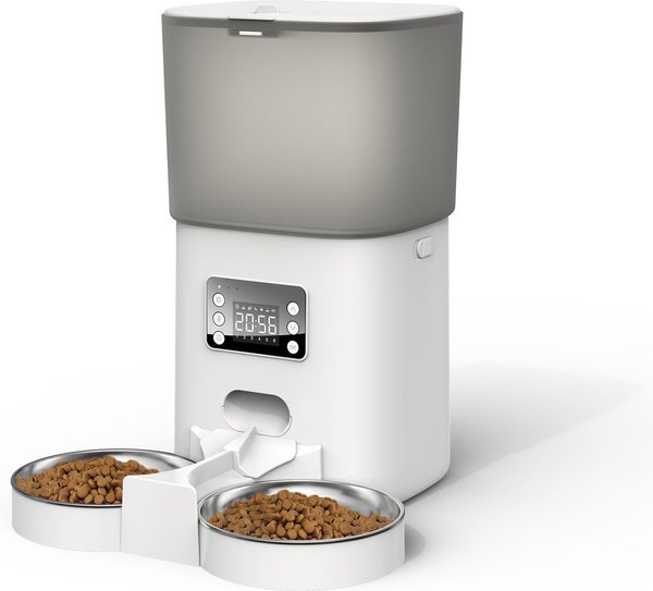 Bueteka Automatic Food Dispenser with Splitter & Stainless Bowls Cat & Dog Feeder, 6-lit, White slide 1 of 10