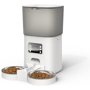 Bueteka Automatic Food Dispenser with Splitter & Stainless Bowls Cat & Dog Feeder, 6-lit, White