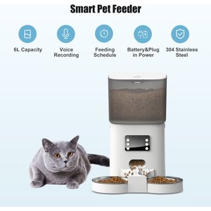 Bueteka Automatic Food Dispenser with Splitter & Stainless Bowls Cat & Dog Feeder, 6-lit, White