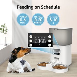 Bueteka Automatic Food Dispenser with Splitter & Stainless Bowls Cat & Dog Feeder, 6-lit, White