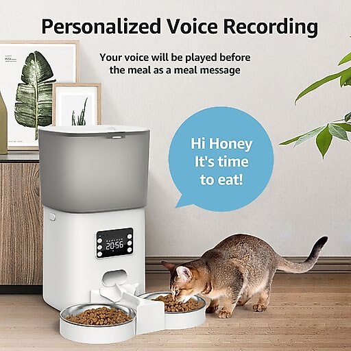 Bueteka Automatic Food Dispenser with Splitter & Stainless Bowls Cat & Dog Feeder, 6-lit, White