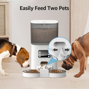 Bueteka Automatic Food Dispenser with Splitter & Stainless Bowls Cat & Dog Feeder, 6-lit, White