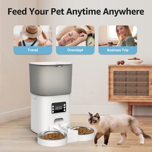 Bueteka Automatic Food Dispenser with Splitter & Stainless Bowls Cat & Dog Feeder, 6-lit, White