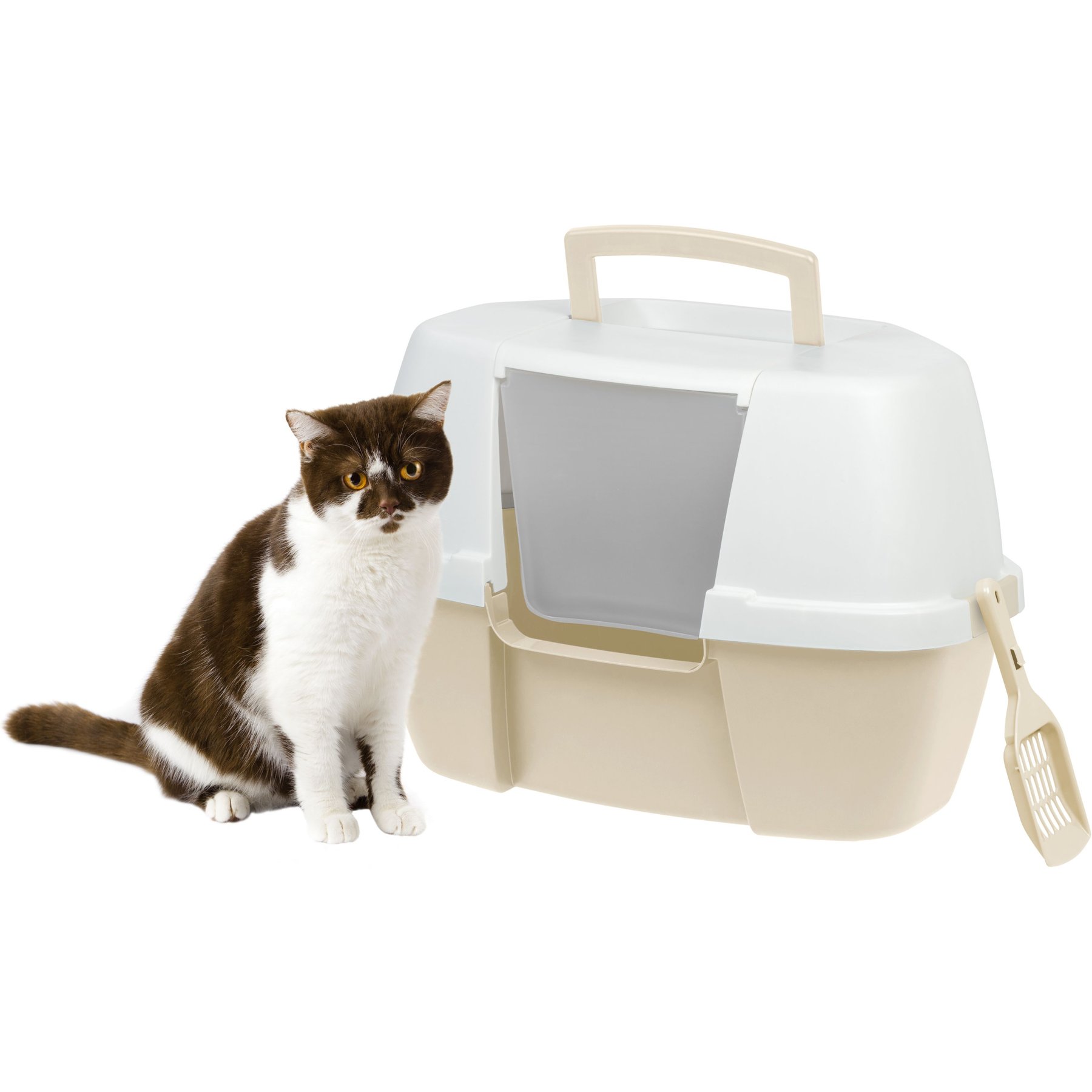 IRIS USA Hooded Corner Cat Litter Box with Front Door Flap