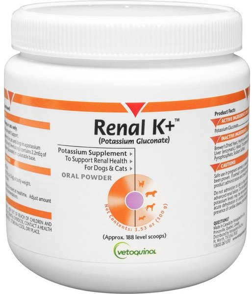 Vetoquinol Renal K+ Powder Kidney Supplement for Cats & Dogs, 100g container slide 1 of 6