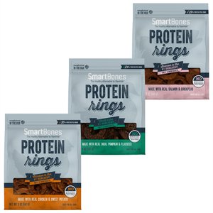 Variety Pack - SmartBones Protein Rings Real Salmon & Chickpeas Dog Treats, 5-oz bag, Duck, Pumpkin & Flaxseed and Chicken & Sweet Potato