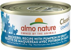 Almo Nature Classic Complete Premium Mackerel Recipe with Pumpkin in Gravy Grain-Free Wet Cat Food, 2.47-oz can, case of 12