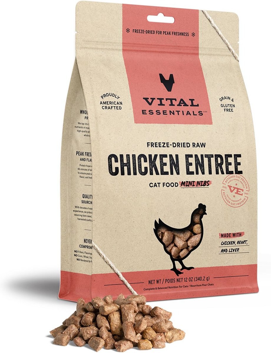 Vital Essentials Freeze Dried Raw Chicken Mini Nibs Entree Cat Food 12 Oz Bag 3502