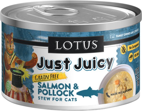 Lotus Just Juicy Salmon & Pollock Stew Grain-Free Canned Cat Food, 2.5-oz, case of 24 slide 1 of 2