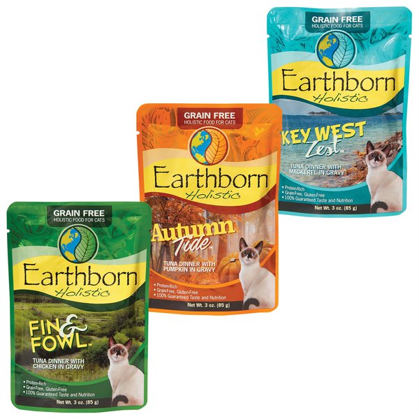 Variety Pack - Earthborn Holistic Fin & Fowl Tuna Dinner with Chicken in Gravy Grain-Free Cat Food Pouches, Tuna Dinner with Pumpkin & Tuna Dinner with Mackerel Flavors slide 1 of 9