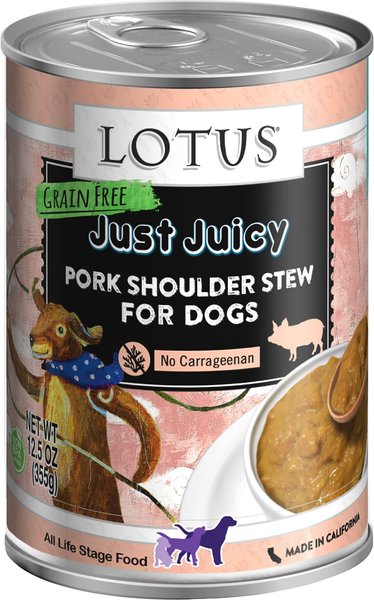 Lotus Just Juicy Pork Shoulder Stew Grain-Free Canned Dog Food, 12.5-oz, case of 12 slide 1 of 3