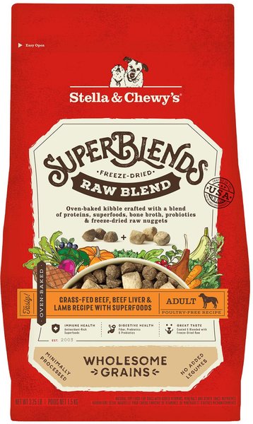 Stella & Chewy's SuperBlends Raw Blend Wholesome Grains Grass-Fed Beef, Beef Liver & Lamb Recipe with Superfoods Dry Dog Food, 3.25-lb bag slide 1 of 9