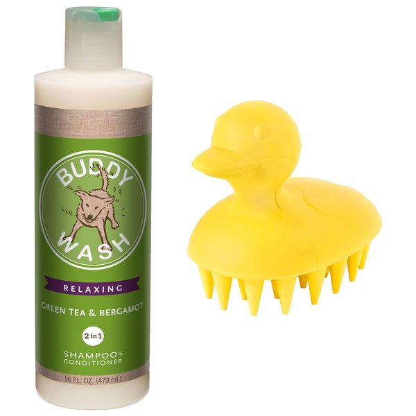 Buddy Wash Relaxing Green Tea & Bergamot Dog Shampoo & Conditioner, 16-oz bottle + Frisco Rubber Duckie Dog & Cat Curry Brush slide 1 of 9