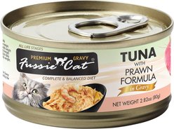 Fussie Cat Tuna with Prawns in Gravy Wet Cat Food, 2.82-oz can, case of 24