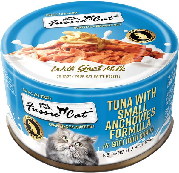 FUSSIE CAT Tuna with Small Anchovies in Goats Milk Wet Cat Food 2.47 oz can case of 24 Chewy