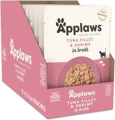 Applaws Tuna with Shrimp in Broth Limited Ingredient Wet Cat Food, 5.3-oz pouch, case of 12