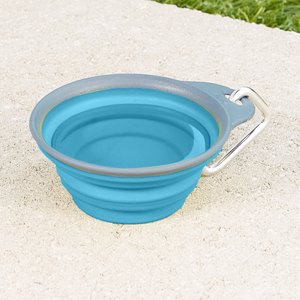 Dexas Popware for Pets Collapsible Travel Non-Skid Silicone Dog & Cat Bowl with Carabiner, Blue, 2-cup