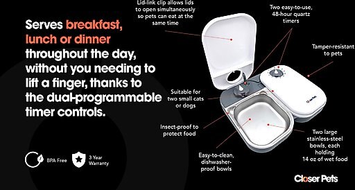 Closer Pets Two-meal Automatic Cat & Dog Feeder, White