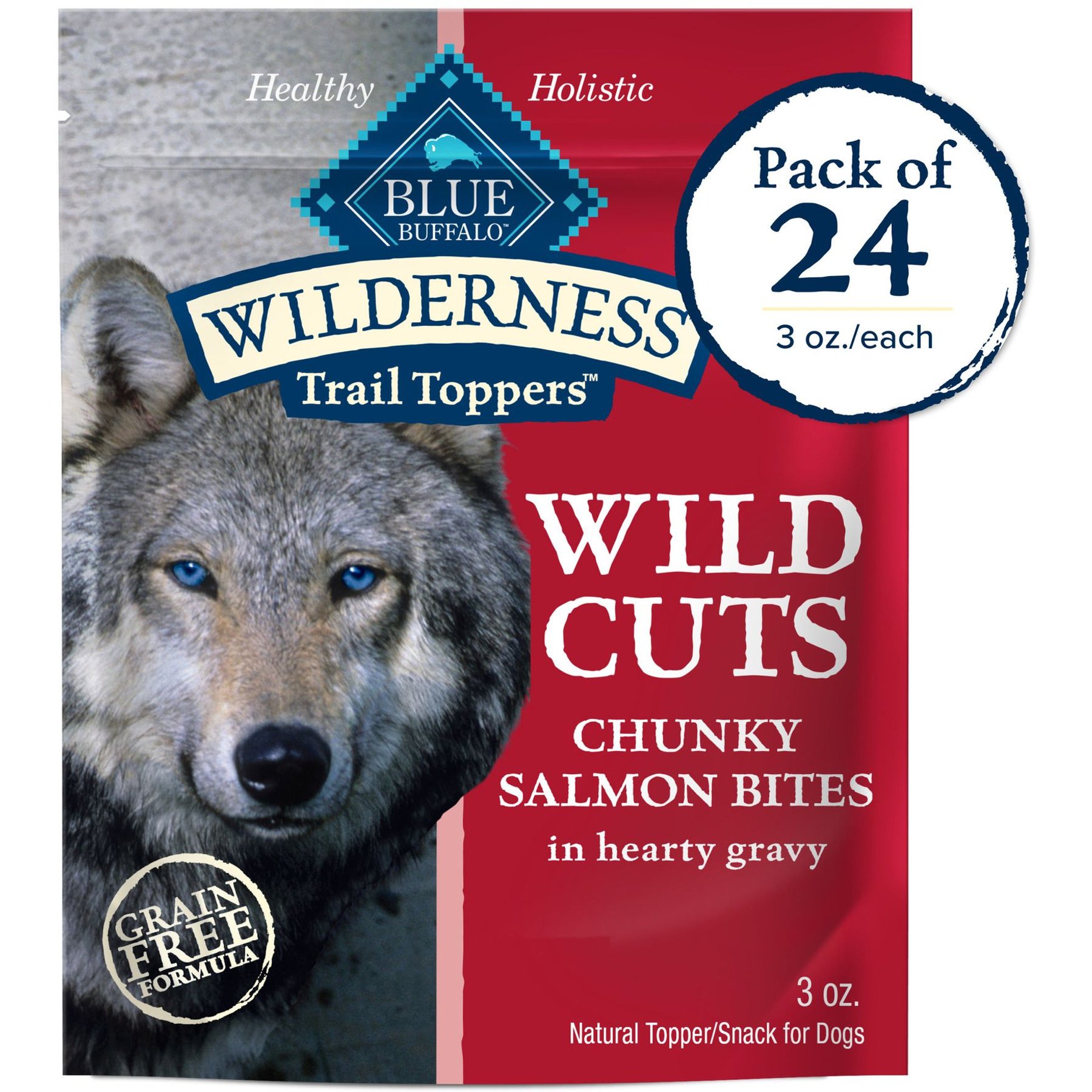 BLUE BUFFALO Wilderness Trail Toppers Wild Cuts Chunky Salmon Bites in Hearty Gravy Grain Free Dog Food Topper 3 oz pouch case of 24 Chewy