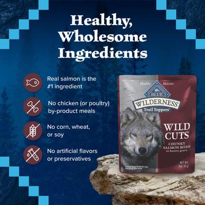 Show full view: Blue Buffalo Wilderness Trail Toppers Wild Cuts Chunky Salmon Bites in Hearty Gravy Grain-Free Dog Food Topper, 3-oz, case of 24 slide 7 of 12