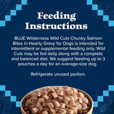 Show full view: Blue Buffalo Wilderness Trail Toppers Wild Cuts Chunky Salmon Bites in Hearty Gravy Grain-Free Dog Food Topper, 3-oz, case of 24 slide 10 of 12