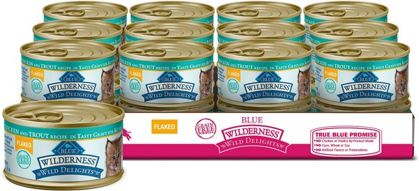 Blue Buffalo Wilderness Wild Delights Flaked Chicken & Trout in Tasty Gravy for Kittens Grain-Free Canned Cat Food, 3-oz, case of 24 slide 1 of 8