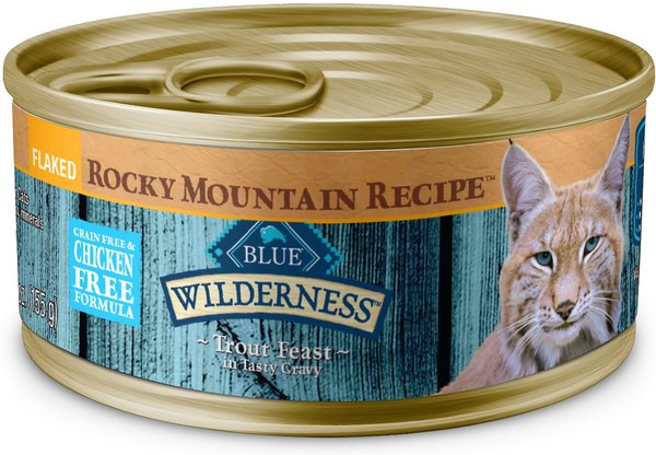 Blue Buffalo Wilderness Rocky Mountain Recipe Flaked Trout Feast Adult Grain-Free Canned Cat Food, 5.5-oz, case of 24 slide 1 of 6