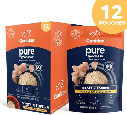 Show full view: CANIDAE PURE Protein Shreds of Real Chicken Recipe in Gravy Dog Food Topper, 24-oz box slide 3 of 10