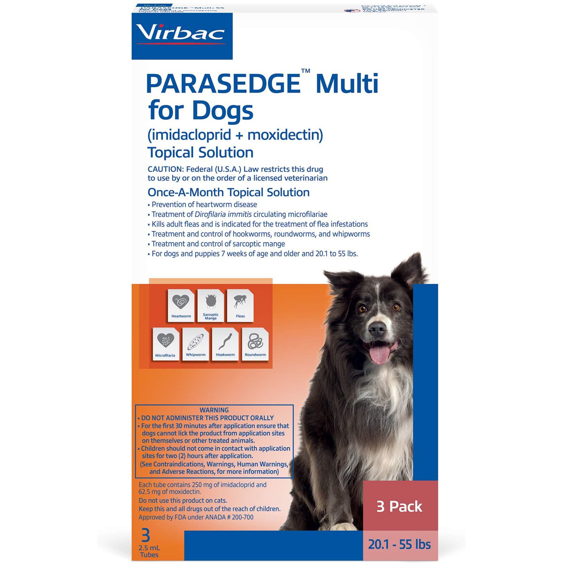 PARASEDGE Multi Topical Solution for Dogs, 20.1-55 lbs (Red Box), 3 Doses (3-mos. supply)
