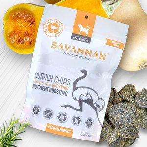 Savannah Pet Food Hypoallergenic Ostrich Chips Nutritious Butternut Dog Treats, 2.5-oz pouch