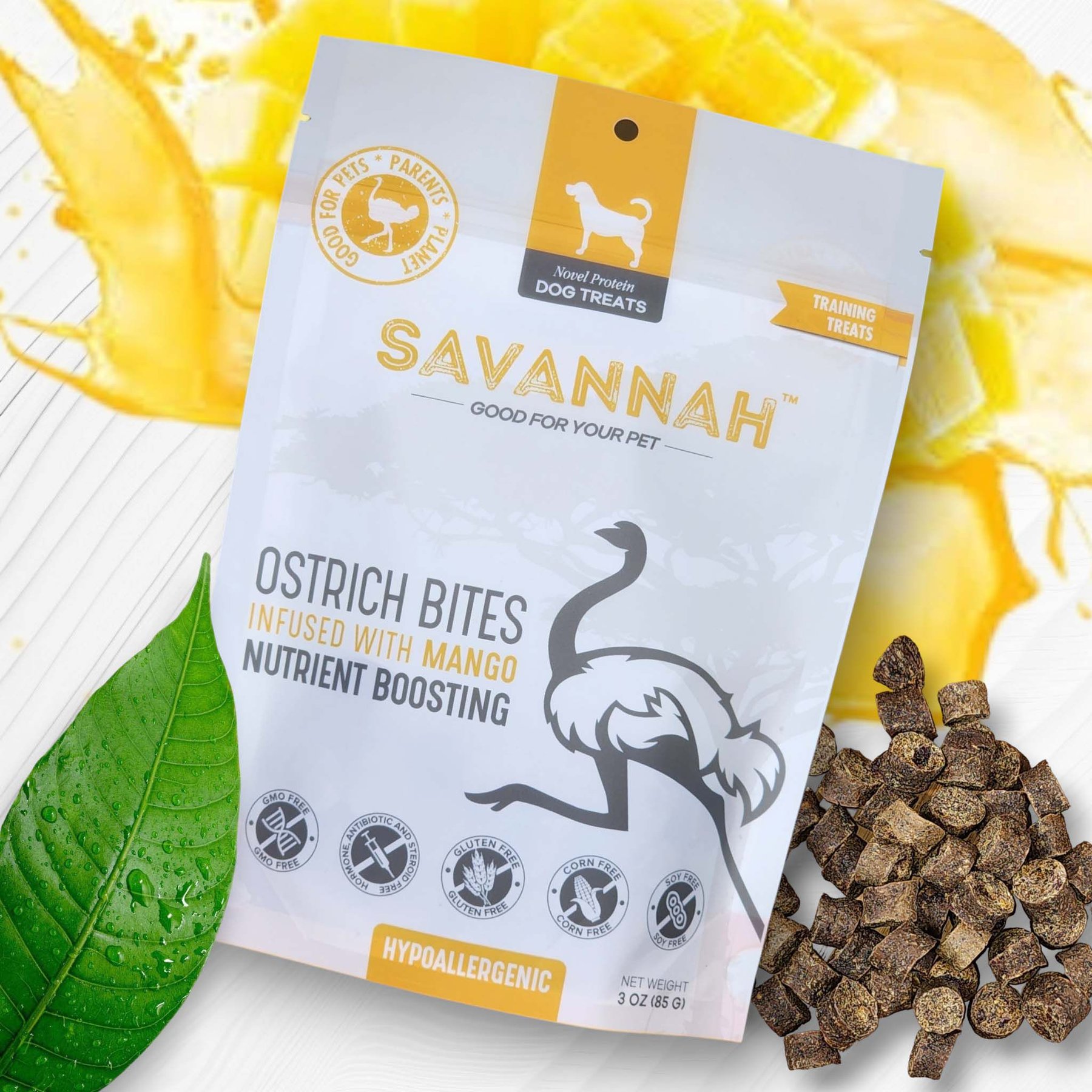 Savannah Pet Food Hypoallergenic Nutritious Mango Ostrich Bites Dog Treats, 3-oz pouch