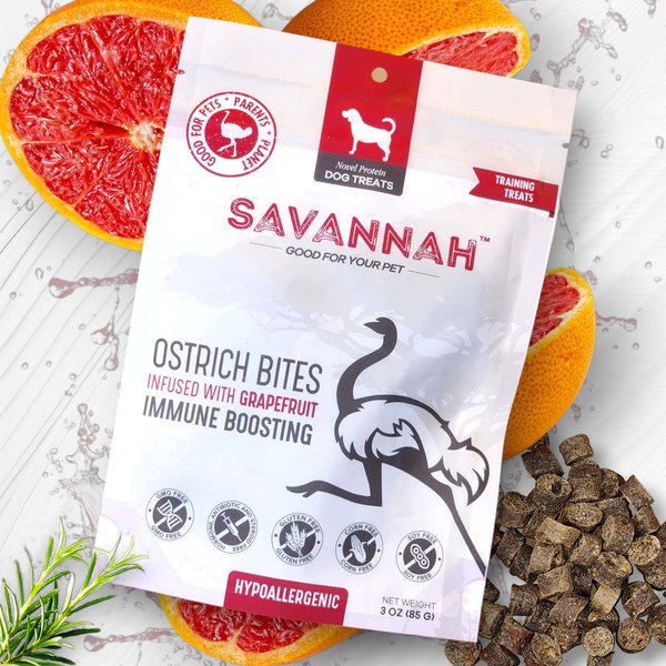 SAVANNAH PET FOOD Hypoallergenic Immune Boosting Grapefruit Ostrich Bites Dog Treats, 3oz pouch