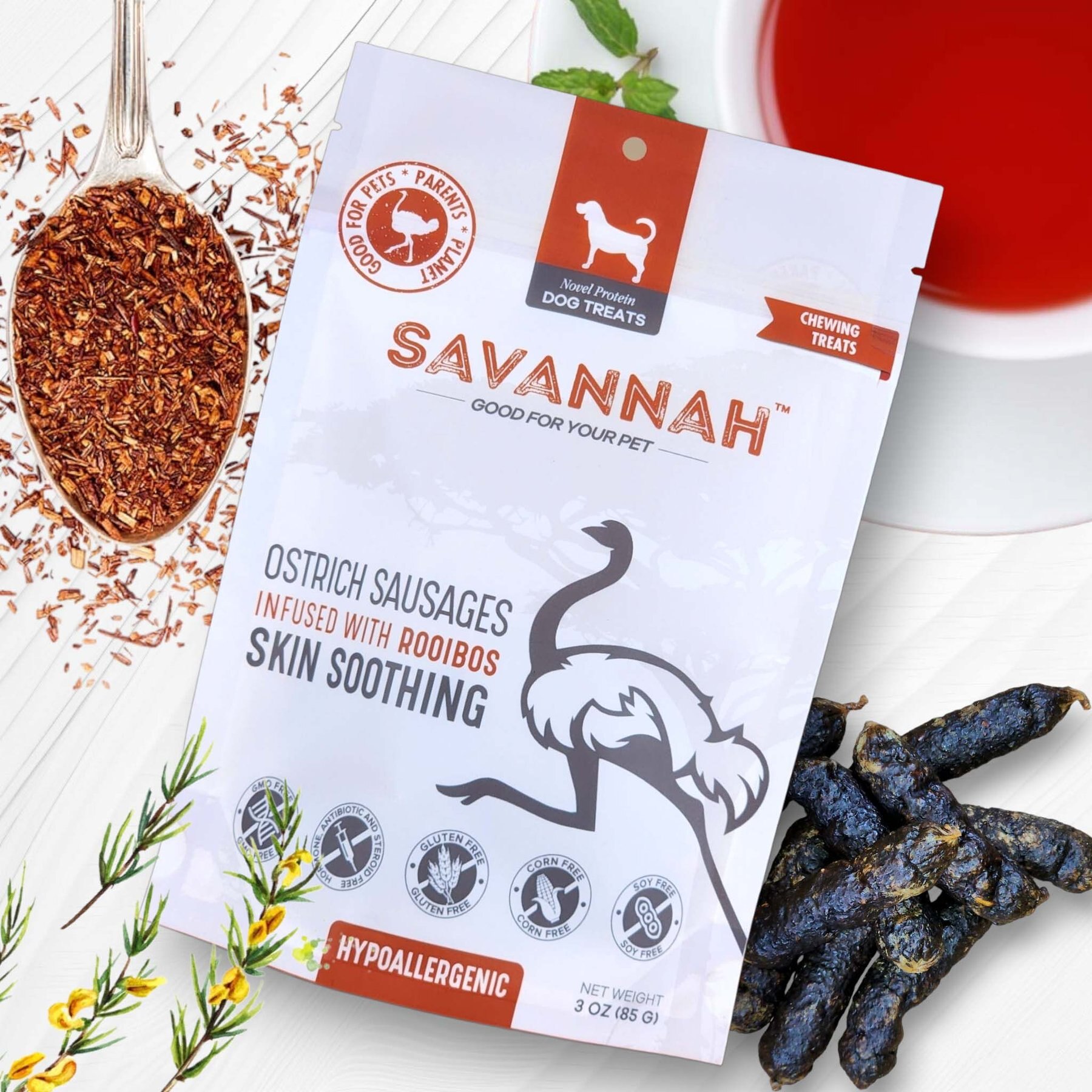 SAVANNAH PET FOOD Hypoallergenic Skin Soothing Rooibos Ostrich Sausages